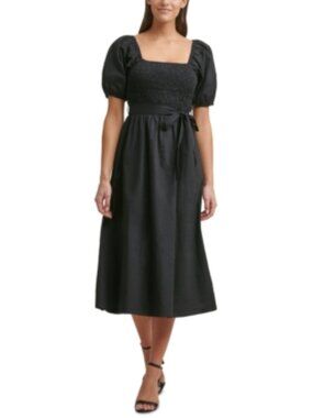 Kensie Women's Belted Smocked (Elastic Bodice) Black Cotton MIDI Dress Size 14